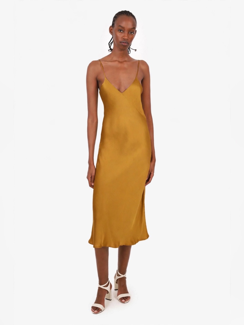 SILK LAUNDRY 90’s Gold Slip Midi Dress with Spaghetti Straps Small